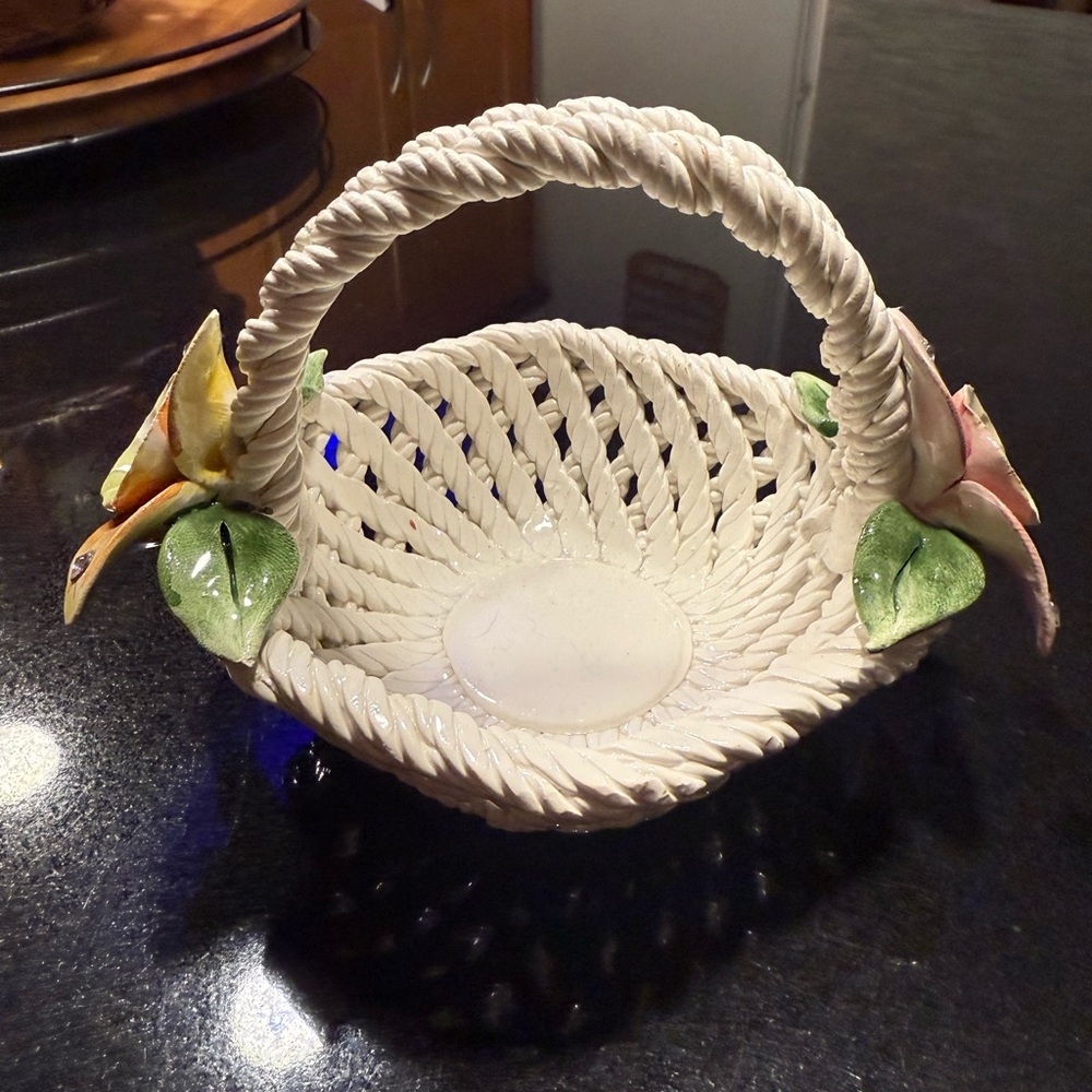 Woven Ceramic Basket with Floral Accents